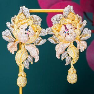Tri-color Peony Flower Blossom Long Drop Earring Cubic Zirconia